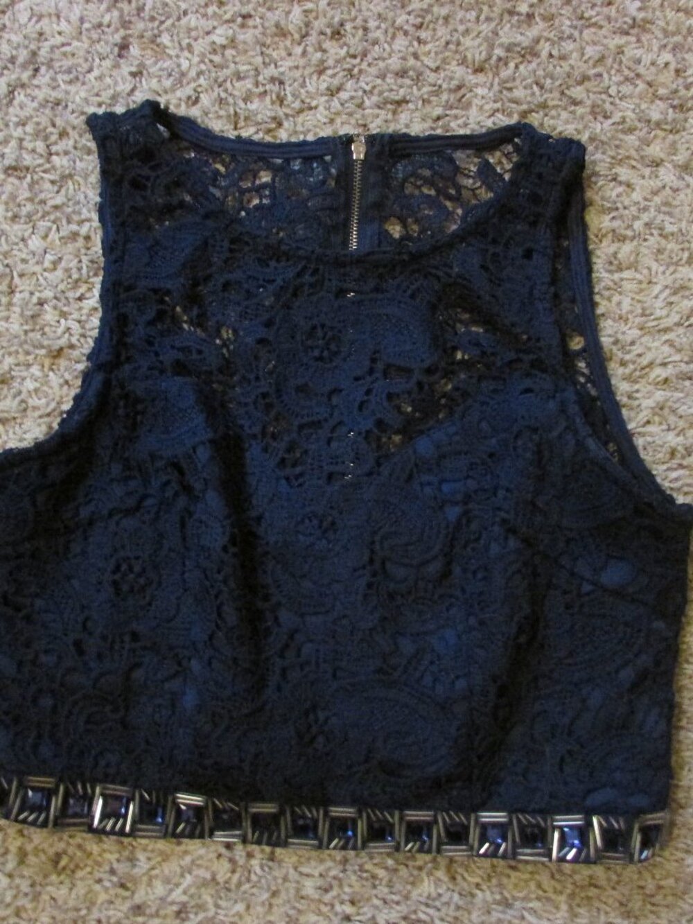NWOT Maniju Medium Navy Blue Lace Crop Top with Embellished Beaded Hem Back Zip